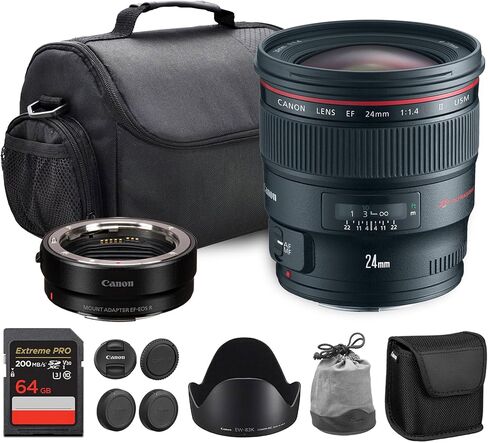 Canon EF 24mm f/1.4L II USM Lens | L-Series Wide-Angle Prime with Bright f/1.4 Aperture & Fast Autofocus | Great for Landscapes & Astrophotography (2750B002) + Adapter EF-EOS R + Bag + 64GB Card in Saudi Arabia