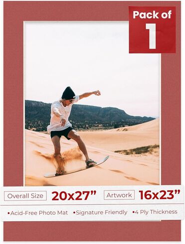 قطع مشطوف مقاس 20 × 27 للصور مقاس 16 × 23 - لوح مطفي مسبقًا باللون الأحمر الطوبي خالٍ من الأحماض مع لوح داعم وحقيبة بساط صور شفافة ذات ختم ذاتي - للصور والصور والتأطير - سمك 4 طبقات in Kuwait
