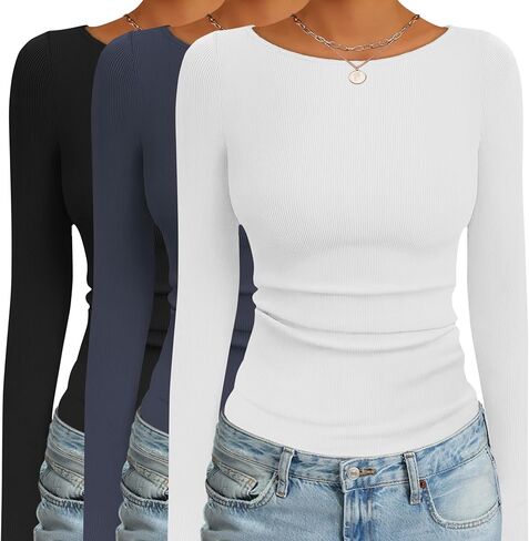 Ekouaer 3 Pack Womens Long Sleeve Shirts Boat Neck Ribbed Thermal Undershirts Lightweight Basic Top XS-XXL in Saudi Arabia
