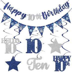 Blue Silver Birthday Decorations for Men Women, Happy Birthday Banner Hanging Swirls for Boys Girls Bday Decor Party Supplies Sign in Kuwait