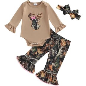 Newborn Baby Girl Hunting Outfit Deer Long Sleeve Romper Camouflage Jungle Flare Pants Set 3Pcs Fall Winter Clothes in Kuwait