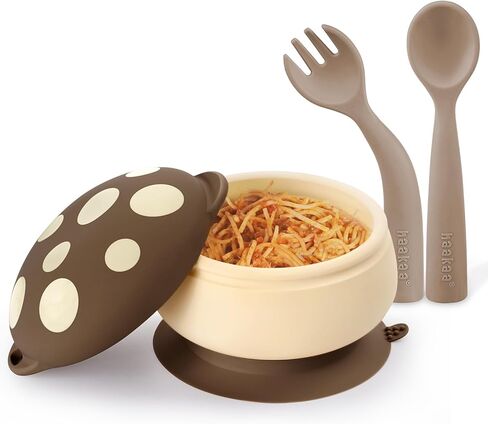 haakaa Silicone Mushroom Bowl & Bendy Cutlery Set – Baby Bowls with Suction & Spillproof Lid, Baby Spoons & Forks for Self Feeding, BPA-Free - Walnut in Saudi Arabia