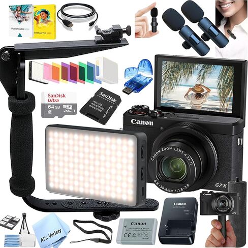 كاميرا Canon PowerShot G7 X Mark III الرقمية، مجموعة فيديو مع الملحقات: مصباح فيديو LED، ذاكرة 64 جيجابايت، ميكروفونات لاسلكية، دعامة تثبيت الفيديو، المقبض، البرامج، HDMI، والمزيد (متجدد) in Saudi Arabia