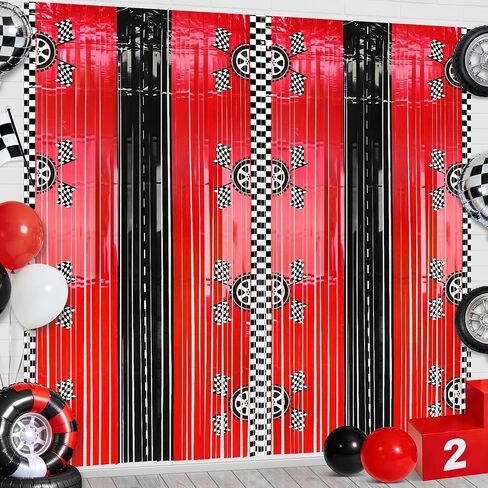 2PCS سباق السيارات احباط هامش الستائر الخلفية، سباق السيارات زينة حفلة عيد ميلاد، أسود أبيض أحمر صورة خلفية للعجلات السريعة زينة حفلة عيد ميلاد سعيد المتأنق 3.28 × 6.56 قدم in Kuwait