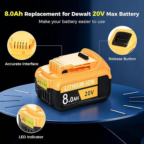 4 عبوات 8.0 أمبير بديلة لبطارية De Walt 20V Max، متوافقة مع بطاريات ليثيوم أيون De Walt 20 فولت، حزمة استبدال DCB200 DCB201 DCB204 DCB208 من سلسلة الأدوات الكهربائية مع مؤشر LED in Saudi Arabia
