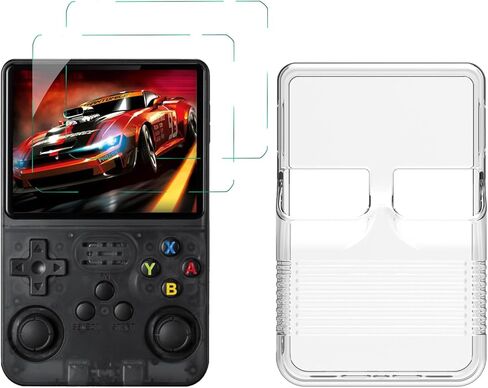 TPU Cover & 2 Pcs Tempered Film Compatible with R36S Gaming Console Transparent Case Screen Protector Anti-scratch Impact Resistance HD 9H Tempered Glass Accessories (Transparent Black) in Kuwait