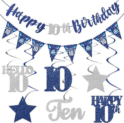 Blue Silver Birthday Decorations for Men Women, Happy Birthday Banner Hanging Swirls for Boys Girls Bday Decor Party Supplies Sign in Kuwait