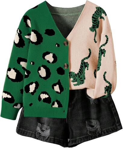 Wdirara Girl's Leopard Animal Print Button Down Cardigan Sweater Color Block v in Saudi Arabia