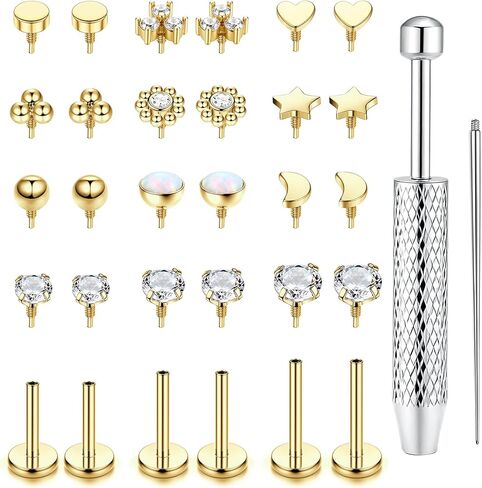 16G 18G Flat Back Stud Earrings for Women - Hypoallergenic Surgical Steel Internal Thread Stud Piercing Jewelry for Tragus Helix Cartilage Conch Nose 14K Gold Plated Lip Labret Medusa Piercing Silver in Saudi Arabia