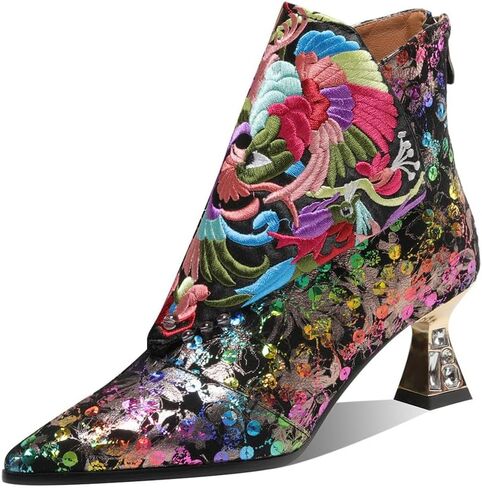 TinaCus Women's Pointed Toe Floral Suede Leather with Handmade Embroidery Mid Heels Zip Up Ankle Boots in Saudi Arabia