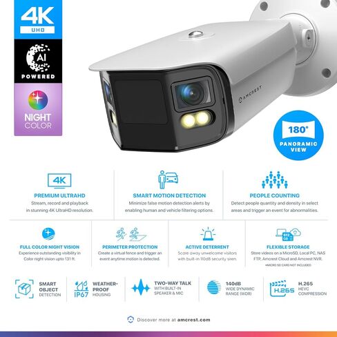 كاميرا Amcrest Dual-Lens 8K (16MP) للأمن الخارجي POE، عدسات 2 × 4K PoE AI Bullet IP، لون ليلي 131 قدمًا، اكتشاف الإنسان/المركبة، رؤية بانورامية 180 درجة، 2 × 4K@25 إطارًا في الثانية IP8M-FCB2996EW-AI (أبيض) in Kuwait