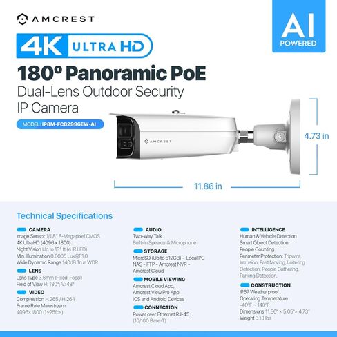 كاميرا Amcrest Dual-Lens 8K (16MP) للأمن الخارجي POE، عدسات 2 × 4K PoE AI Bullet IP، لون ليلي 131 قدمًا، اكتشاف الإنسان/المركبة، رؤية بانورامية 180 درجة، 2 × 4K@25 إطارًا في الثانية IP8M-FCB2996EW-AI (أبيض) in Kuwait