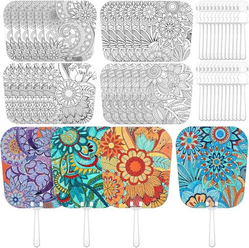 Geelin 24 PCS Mandala Handheld Fan مجموعة طباعة معجبيك بما في ذلك المروحة والتعامل مع 4 أنماط DIY Paint Paper Fans for DIY صياغة اللوحة لوازم عيد ميلاد لوازم العطلة في الهواء الطلق in Saudi Arabia