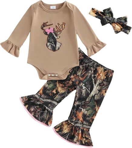 Newborn Baby Girl Hunting Outfit Deer Long Sleeve Romper Camouflage Jungle Flare Pants Set 3Pcs Fall Winter Clothes in Kuwait