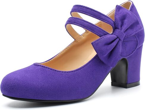 Womens Bow Heels Mary Jane Shoes Round Toe Chunky Heel Side Bow Dress Pumps in Saudi Arabia