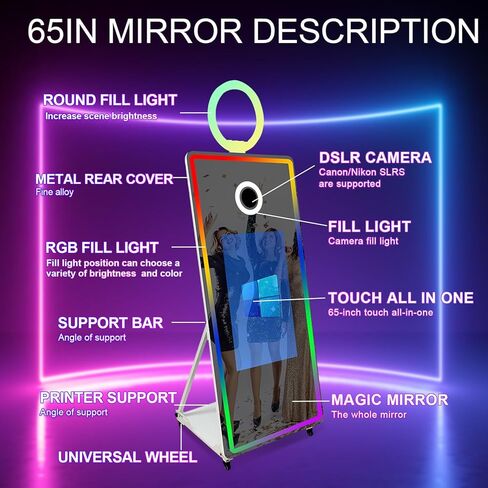 65" Magic Mirror Photo Booth with 32" Touch Screen, Portable Photo Booth with RGB Fill Light & Flight case for Weddings Parties Events (White, Photo Booth) in Saudi Arabia