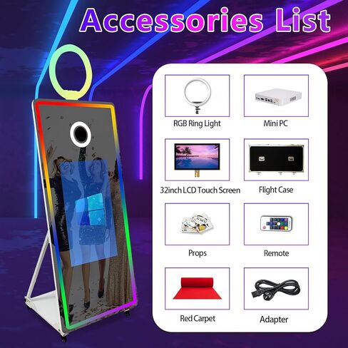 65" Magic Mirror Photo Booth with 32" Touch Screen, Portable Photo Booth with RGB Fill Light & Flight case for Weddings Parties Events (White, Photo Booth) in Saudi Arabia