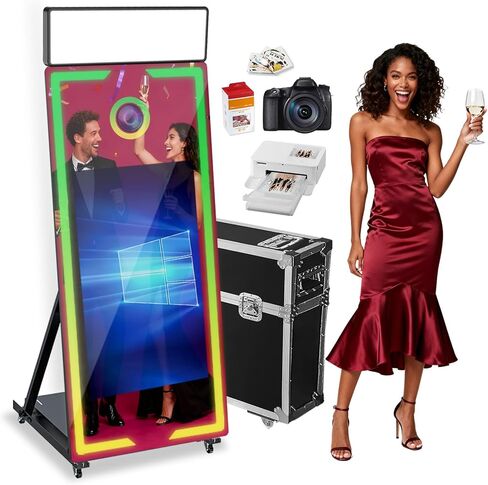 Magic Mirror Photo Booth with Camera and Printer,65-43" Mirror Photo Booth with Interactive Touch Screen,Square Fill Light,RGB Light,Flight Case,Instant Print and Share for Events Party(Black) in Saudi Arabia