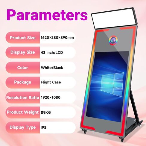 Magic Mirror Photo Booth with Camera and Printer,65-43" Mirror Photo Booth with Interactive Touch Screen,Square Fill Light,RGB Light,Flight Case,Instant Print and Share for Events Party(Black) in Saudi Arabia