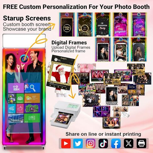 Magic Mirror Photo Booth with Camera and Printer,65-43" Mirror Photo Booth with Interactive Touch Screen,Square Fill Light,RGB Light,Flight Case,Instant Print and Share for Events Party(Black) in Saudi Arabia