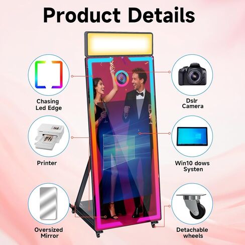 Magic Mirror Photo Booth with Camera and Printer,65-43" Mirror Photo Booth with Interactive Touch Screen,Square Fill Light,RGB Light,Flight Case,Instant Print and Share for Events Party(Black) in Saudi Arabia
