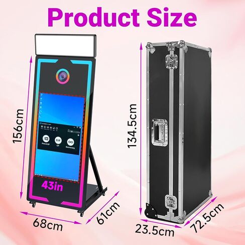Magic Mirror Photo Booth with Camera and Printer,65-43" Mirror Photo Booth with Interactive Touch Screen,Square Fill Light,RGB Light,Flight Case,Instant Print and Share for Events Party(Black) in Saudi Arabia