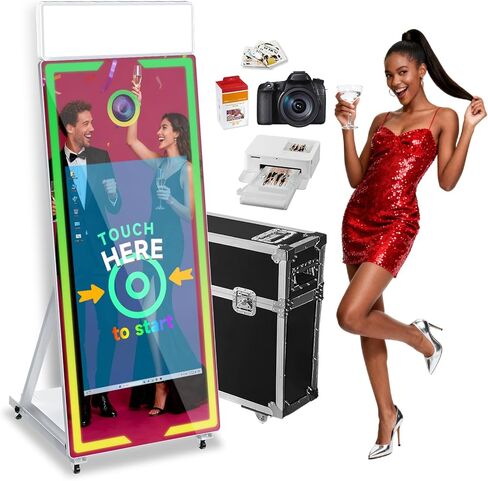 Magic Mirror Photo Booth with Camera and Printer,65-43" Mirror Photo Booth with Interactive Touch Screen,Square Fill Light,RGB Light,Flight Case,Instant Print and Share for Events Party(Black) in Saudi Arabia