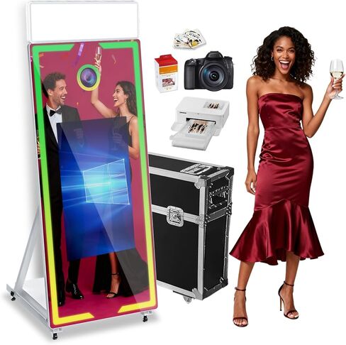 Magic Mirror Photo Booth with Camera and Printer,65-43" Mirror Photo Booth with Interactive Touch Screen,Square Fill Light,RGB Light,Flight Case,Instant Print and Share for Events Party(Black) in Saudi Arabia