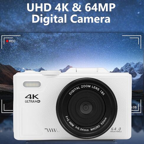 كاميرا فيديو، مسجل كاميرا رقمية بدقة 4K 64 ميجابكسل HD مع تكبير رقمي 18X، شاشة قلاب 3 بوصة 180 درجة، دعم التركيز التلقائي، للسفر (أبيض) in Kuwait