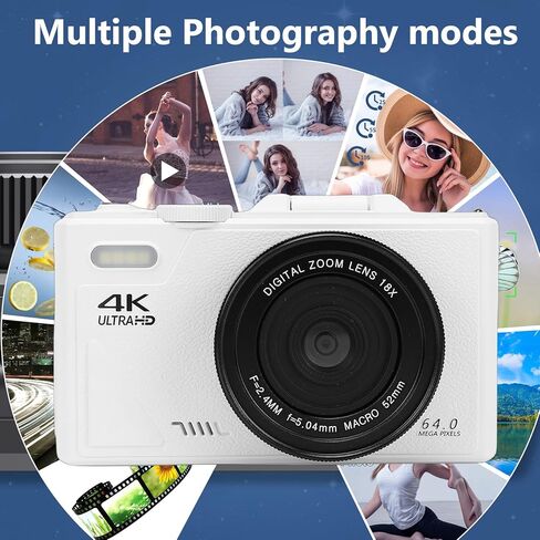 كاميرا فيديو، مسجل كاميرا رقمية بدقة 4K 64 ميجابكسل HD مع تكبير رقمي 18X، شاشة قلاب 3 بوصة 180 درجة، دعم التركيز التلقائي، للسفر (أبيض) in Kuwait