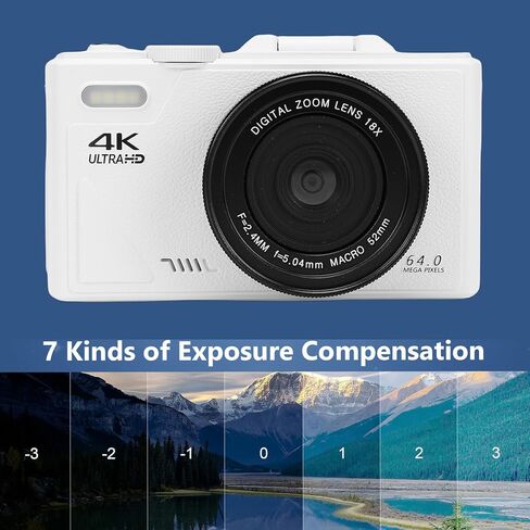 كاميرا فيديو، مسجل كاميرا رقمية بدقة 4K 64 ميجابكسل HD مع تكبير رقمي 18X، شاشة قلاب 3 بوصة 180 درجة، دعم التركيز التلقائي، للسفر (أبيض) in Kuwait
