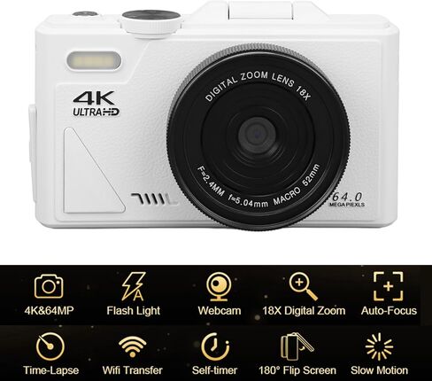 كاميرا فيديو، مسجل كاميرا رقمية بدقة 4K 64 ميجابكسل HD مع تكبير رقمي 18X، شاشة قلاب 3 بوصة 180 درجة، دعم التركيز التلقائي، للسفر (أبيض) in Kuwait