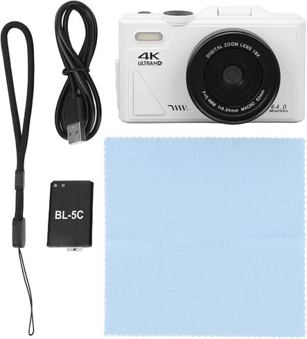 كاميرا فيديو، مسجل كاميرا رقمية بدقة 4K 64 ميجابكسل HD مع تكبير رقمي 18X، شاشة قلاب 3 بوصة 180 درجة، دعم التركيز التلقائي، للسفر (أبيض) in Kuwait