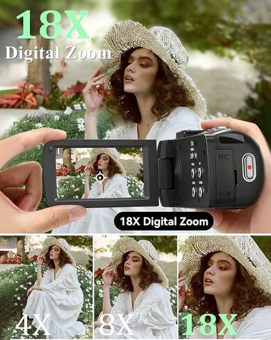 كاميرا فيديو كاميرا فيديو بدقة 4K فائقة الدقة بدقة 80 ميجابكسل لتكبير/تصغير رقمي 18X على YouTube مقاس 3.0 بوصات ودوران 270 درجة وشاشة IPS ومسجل كاميرا فيديو للرؤية الليلية بالأشعة تحت الحمراء مع بطاقة SD سعة 32 جيجابايت وغطاء عدسة وبطاريتين in Kuwait