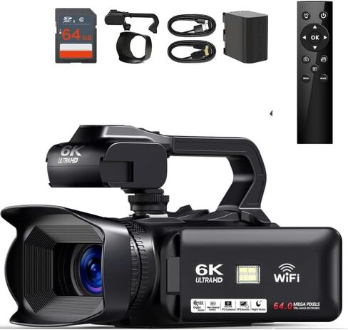 Acuvar 4K/6K Video Camera Camcorder – 64MP Vlogging Camera for YouTube, 60FPS, 18X Zoom, WiFi, Webcam – Includes Mic, Stabilizer, 64GB Card & Remote in Saudi Arabia