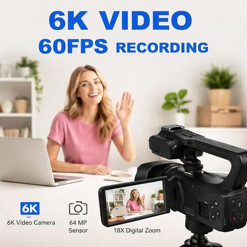 Acuvar 4K/6K Video Camera Camcorder – 64MP Vlogging Camera for YouTube, 60FPS, 18X Zoom, WiFi, Webcam – Includes Mic, Stabilizer, 64GB Card & Remote in Saudi Arabia
