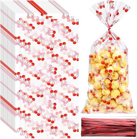 yexiya 100pcs الكرز الأحمر cellophane أكياس واضحة حقائب الهدايا مع أقواس الشريط الكرز المطبوعة من الأكياس الخفيفة in Kuwait
