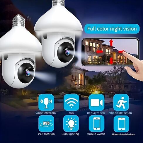 كاميرا مراقبة بمصباح كهربائي - 2.4 جيجا هرتز واي فاي 1080 بكسل كاميرات مراقبة لاسلكية داخلية وخارجية وكشف الحركة والتنبيه، محادثة ثنائية الاتجاه، رؤية ليلية ملونة، يمكن استخدامها كمصباح شارع in Kuwait