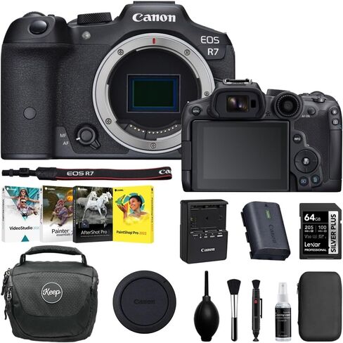 مجموعة كاميرا Canon EOS R7 بدون مرآة مع مجموعة صور Corel + بطاقة ذاكرة سعة 64 جيجابايت + طقم تنظيف + حقيبة كاميرا (5 قطع) in Kuwait