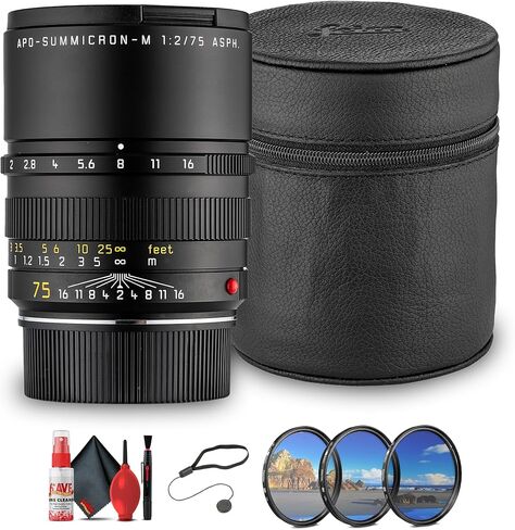 لايكا APO-Summicron-M 75 ملم f/2 ASPH. عدسة سوداء | عدسة بورتريه مدمجة على شكل حرف M مزودة بتصحيح APO ودقة التركيز البؤري اليدوي (11637) + طقم مرشح العدسة + طقم التنظيف + حافظة الغطاء in Kuwait