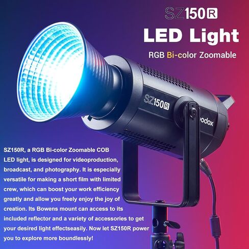Godox SZ150R Zoom Handheld RGB LED Video Light، 150W LED Bowens Mount مصباح الإضاءة المستمر، 2800K-6500K CCT، High 97+CRI 96+TLCI، مع 37 تأثيرات FX، التحكم APP/DMX، لتسجيل الفيديو، البث المباشر in Kuwait