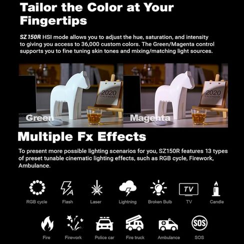Godox SZ150R Zoom Handheld RGB LED Video Light، 150W LED Bowens Mount مصباح الإضاءة المستمر، 2800K-6500K CCT، High 97+CRI 96+TLCI، مع 37 تأثيرات FX، التحكم APP/DMX، لتسجيل الفيديو، البث المباشر in Kuwait