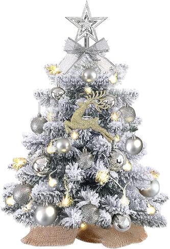 Mini Christmas Tree Prelit, Small Artificial Christmas Tree with Lights, Pre Lit Little Decoration for Table Top Home Cafe Office, Snow Flocked in Saudi Arabia