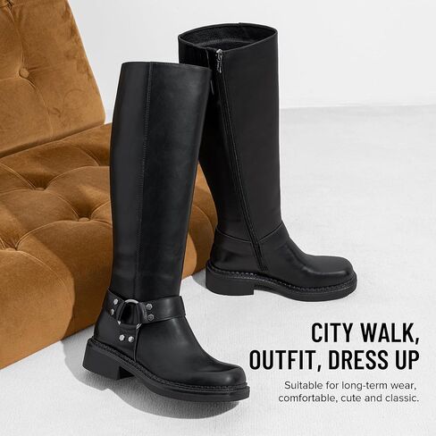 Vepose Women's Knee High Boots, Tall Riding Square Toe Chunky Low Heel Motorcycle Boots with Rivets in Saudi Arabia