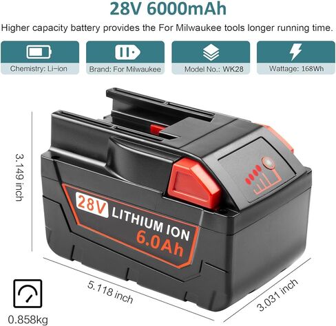 2Pack 6000mAh 28V Battery Replacement for Milwaukee Mk28 Battery for Milwaukee Mk28 48-11-2830, V28, Mk28B, Mk28BX 48-11-2830, V28, 0726-20, 0719-20, 0779-22 Cordless Power Tools Li-Ion Battery in Kuwait