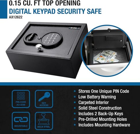 Barska Top Opening Keypad Safe – Compact Digital Security Box for Home or Office, Solid Steel, Anti-Pry Hinges, 2 Locking Bolts, Backup Keys, Floor Mat, Mounting Hardware – Jewelry & Valuables in Saudi Arabia