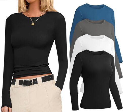 Ekouaer 4 Pack Women's Long Sleeve Basic Shirts Fitted Workout Tops Athletic Underscrubs Undershirts XS-XXL in Saudi Arabia