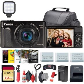 كاميرا Canon PowerShot SX740 HS Lite Edition الرقمية (أسود) + بطاقة ذاكرة سعة 64 جيجابايت + 2 بطارية NB13L + برنامج صور + شاحن + قارئ بطاقات + ضوء LED + حقيبة ناعمة + المزيد (متجددة) in Kuwait