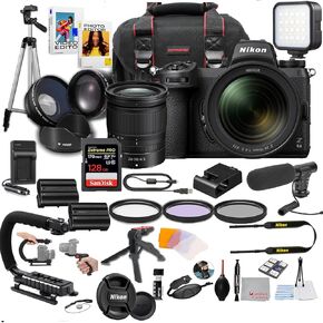 كاميرا Nikon Z6 II بدون مرآة مع عدسة مقاس 24-70 مم f/4، وإضاءة LED، وميكروفون، وذاكرة تخزين 128 جيجابايت، وقبضة U، ومرشحات، وحامل ثلاثي القوائم، وحقيبة، وبرامج، والمزيد - حزمة فيديو احترافية (43 قطعة) in Kuwait
