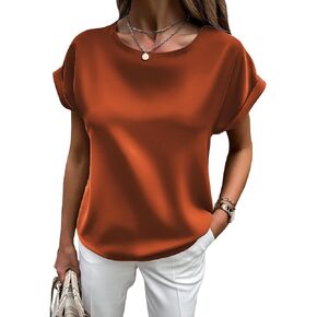 HOTOUCH Women's Short Sleeve Pullover Blouses Satin Silk Shirts Casual Loose Work Tunic Tops in Kuwait